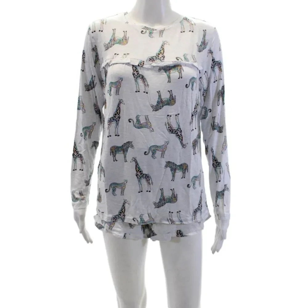 Emerson Road Womens Animal Print Ruffle Crew Neck Sleep Pajama Set Gray Size S